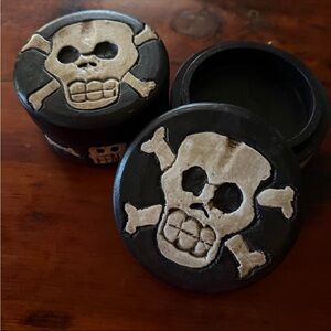 Pair Of Vintage Hand Carved Wooden Hand Painted Round Pirate Trinket boxes
